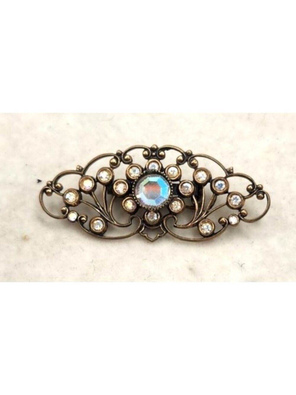 Vintage Metal Filigree Brooch With Aureo Borealis Accent Stones